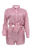 Pink Casual Stripe Pocket Buckle Patchwork Shirt Collar Long Sleeve Two Pieces