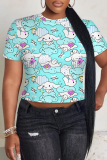 Turquoise Casual Print Patchwork O Neck T-Shirts