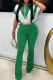 Green Casual Zipper Contrast Zipper Collar Short Sleeve Two Pieces