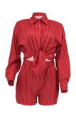 Pink Casual Stripe Pocket Buckle Patchwork Shirt Collar Long Sleeve Two Pieces