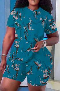 Peacock Blue Casual Print Patchwork O Neck Short Sleeve Two Pieces