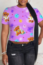 Purple Casual Print Patchwork O Neck T-Shirts