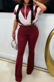 Rose Red Casual Zipper Contrast Zipper Collar Short Sleeve Two Pieces