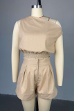 Khaki Casual Solid Color Pocket Oblique Collar Two Pieces