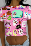 Turquoise Casual Print Patchwork O Neck T-Shirts