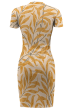 Tangerine Sexy Print Slit O Neck Irregular Dresses
