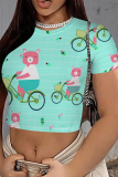 Turquoise Casual Print Patchwork O Neck T-Shirts