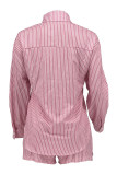 Pink Casual Stripe Pocket Buckle Patchwork Shirt Collar Long Sleeve Two Pieces