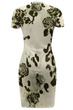 Tangerine Sexy Print Slit O Neck Irregular Dresses