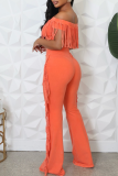 Orange Casual Solid Color Fringed Trim Off Shoulder Regular Jumpsuits
