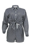 Pink Casual Stripe Pocket Buckle Patchwork Shirt Collar Long Sleeve Two Pieces