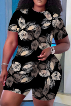 Black khaki Casual Print Patchwork O Neck Short Sleeve Two Pieces