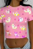 Green Casual Print Patchwork O Neck T-Shirts