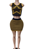 Yellow Sexy Geometric Print Contrast O Neck Sleeveless Two Pieces