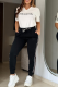 White Casual Letters Draw String V Neck Short Sleeve Two Pieces