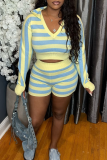 Yellow Casual Stripe Patchwork V Neck Long Sleeve Two Pieces