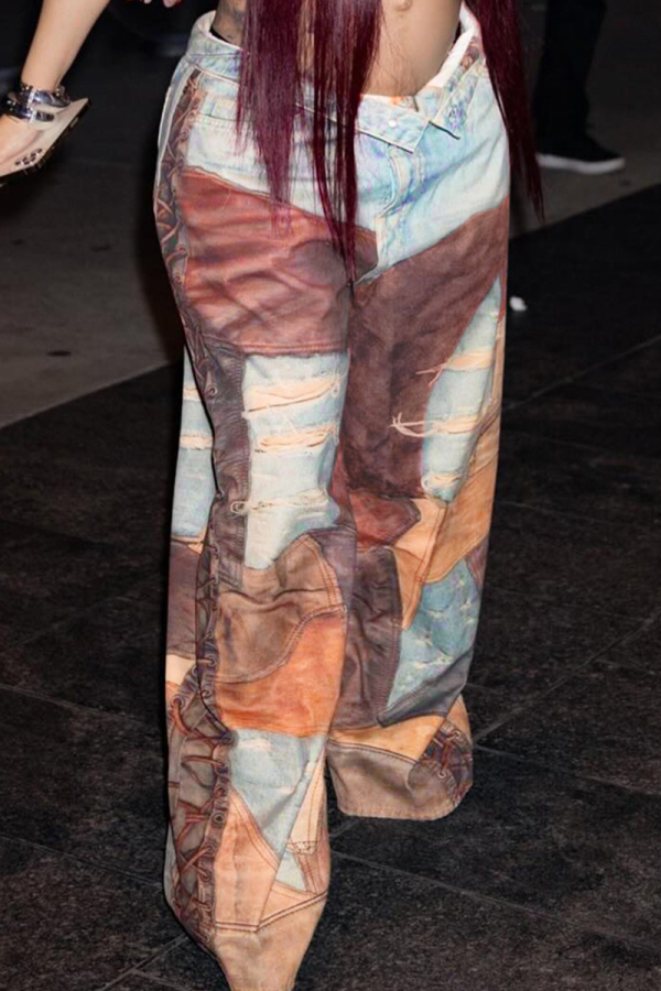 Brown Casual Print Patchwork Loose Mid Waist Conventional Full Print Bottoms