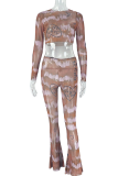 Brown Hazel Casual Print Patchwork O Neck Long Sleeve Two Pieces