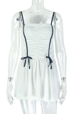 White Sexy Solid Color Ruched Spaghetti Strap A Line Dresses