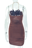 Black Sexy Solid Color Hollow Out Chains Halter Wrapped Skirt Dresses