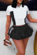 Black Casual Buttons Contrast Turndown Collar Short Sleeve Two Pieces