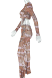 Brown Hazel Casual Print Patchwork O Neck Long Sleeve Two Pieces