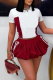 Red Casual Buttons Contrast Turndown Collar Short Sleeve Two Pieces