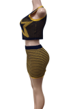 Yellow Sexy Geometric Print Contrast O Neck Sleeveless Two Pieces