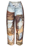 Colour Casual Print Patchwork Loose Mid Waist Conventional Full Print Bottoms