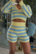 Yellow Casual Stripe Patchwork V Neck Long Sleeve Two Pieces