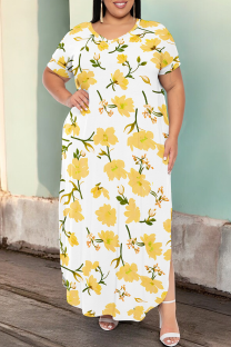 Yellow White Casual Print Slit V Neck Long Plus Size Dresses