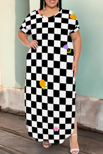 Black And White Casual Print Slit V Neck Long Plus Size Dresses