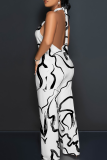 Powder White Casual Print Backless Halter Loose Jumpsuits
