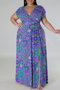 Blue Sweet Print Bandage Patchwork V Neck Straight Plus Size Dresses