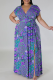 Blue Sweet Print Bandage Patchwork V Neck Straight Plus Size Dresses