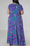 Blue Sweet Print Bandage Patchwork V Neck Straight Plus Size Dresses