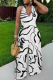 Black And White Casual Print Backless Halter Loose Jumpsuits