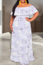 Light Purple Casual Print Patchwork Off Shoulder Long Plus Size Dresses