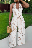 Powder White Casual Print Backless Halter Loose Jumpsuits