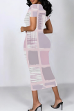 Pink Purple Elegant Print Patchwork Wrapped Skirt Dresses