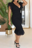 Black Casual Solid Color Strap Design Mesh V Neck Long Dresses