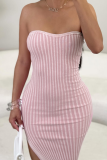 Pink Sexy Solid Color Slit Strapless Wrapped Skirt Dresses