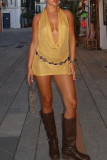 Gold Sexy Solid Color Backless Halter Wrapped Skirt Dresses