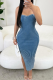 Blue Sexy Solid Color Slit Strapless Wrapped Skirt Dresses