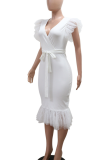 Black Casual Solid Color Strap Design Mesh V Neck Long Dresses