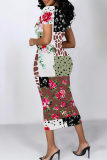 Pink Purple Elegant Print Patchwork Wrapped Skirt Dresses