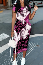 Rose Red Elegant Print Patchwork Wrapped Skirt Dresses