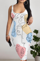 Blue Pink Sexy Print Patchwork U Neck Wrapped Skirt Dresses