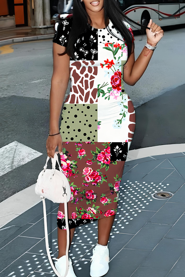 Multicolor Elegant Print Patchwork Wrapped Skirt Dresses