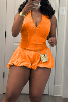 Orange Casual Solid Color Patchwork V Neck Regular Rompers